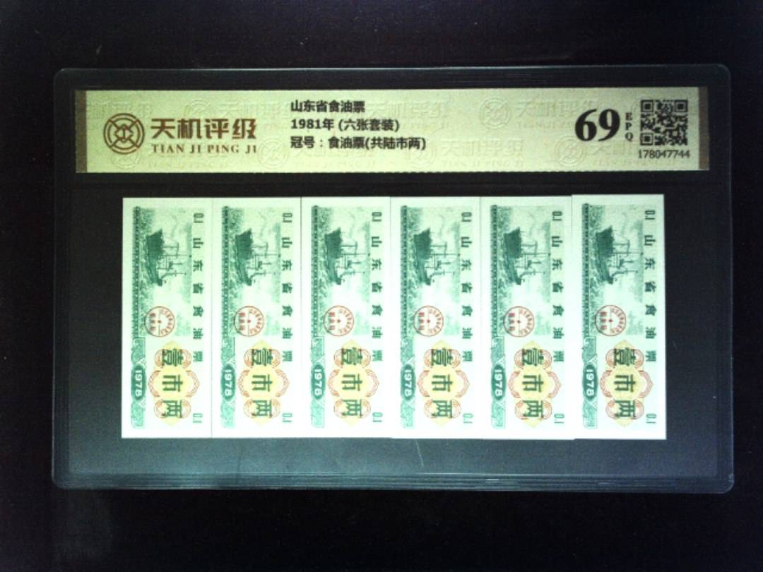 山东省食油票1981年 (六张套装)，冠号食油票(共陆市两)，纸币，钱币收藏