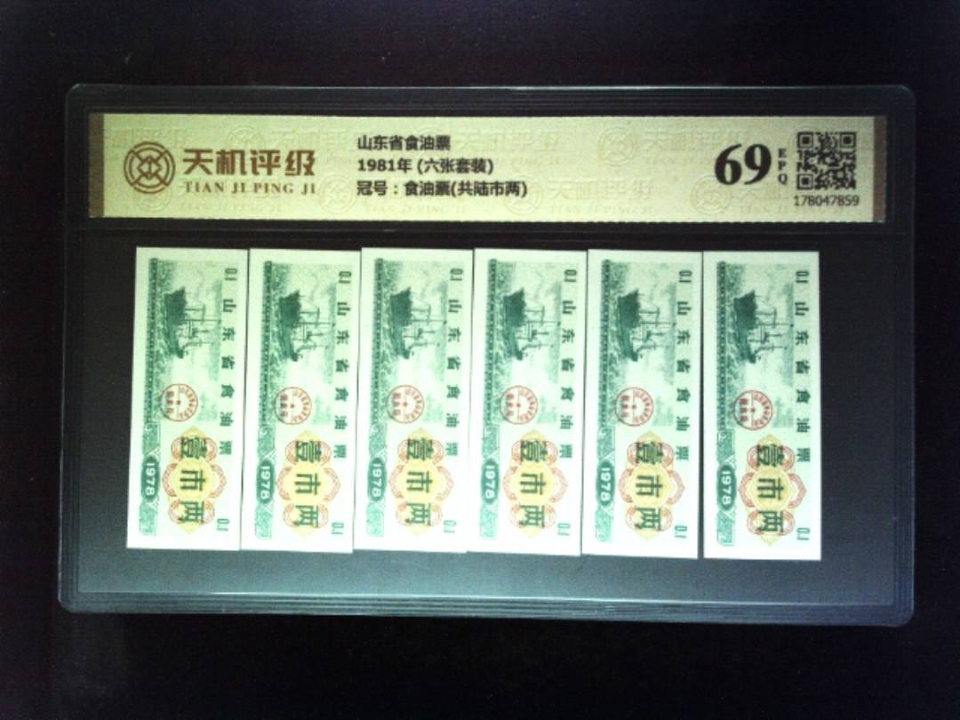 山东省食油票1981年 (六张套装)，冠号食油票(共陆市两)，纸币，钱币收藏