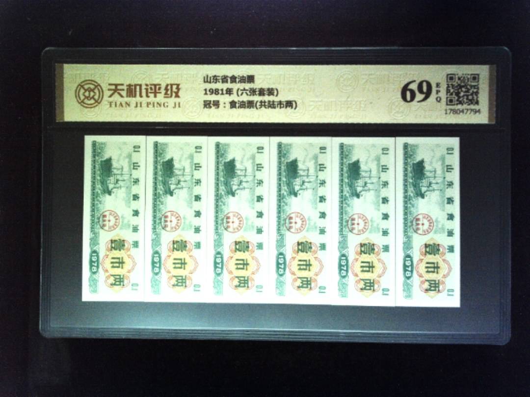 山东省食油票1981年 (六张套装)，冠号食油票(共陆市两)，纸币，钱币收藏