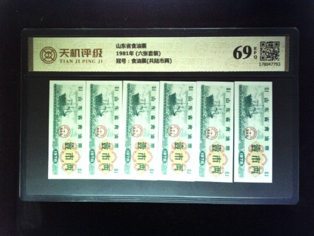 山东省食油票1981年 (六张套装)，冠号食油票(共陆市两)，纸币，钱币收藏