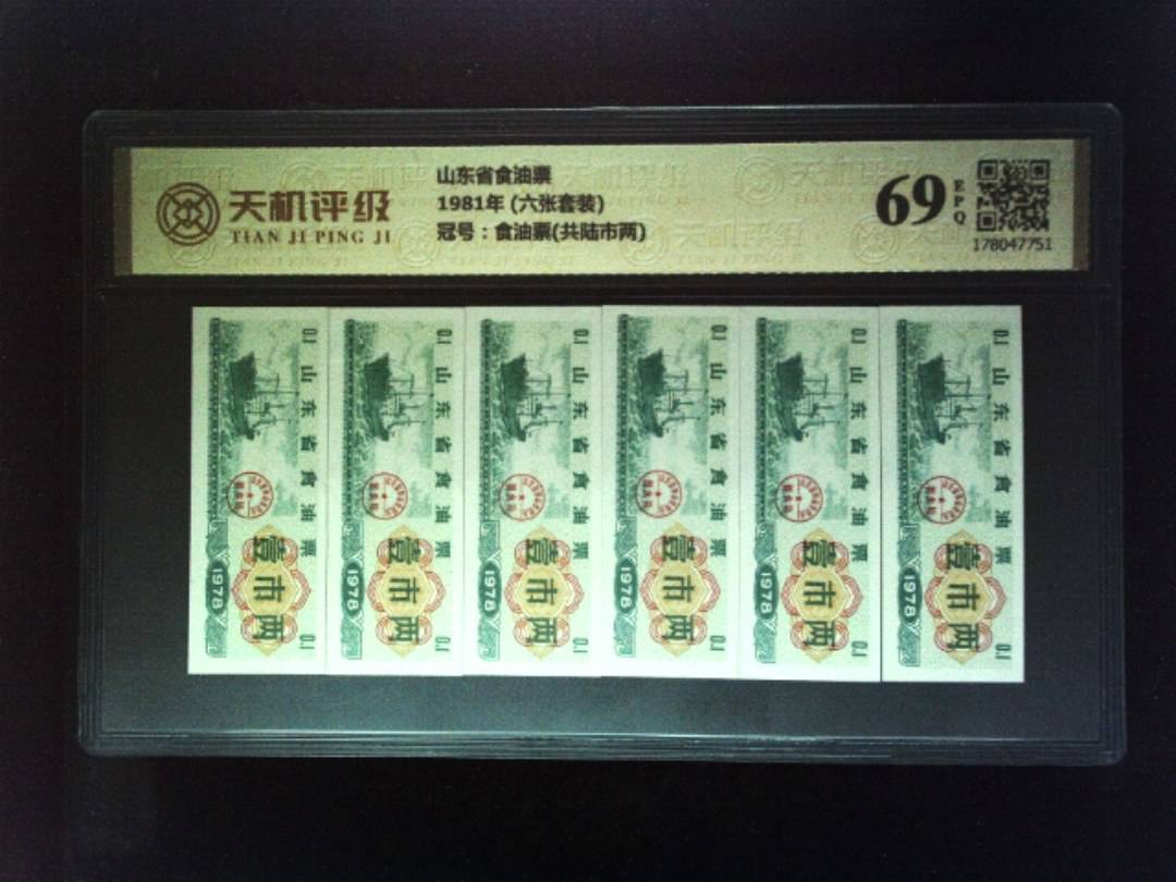 山东省食油票1981年 (六张套装)，冠号食油票(共陆市两)，纸币，钱币收藏