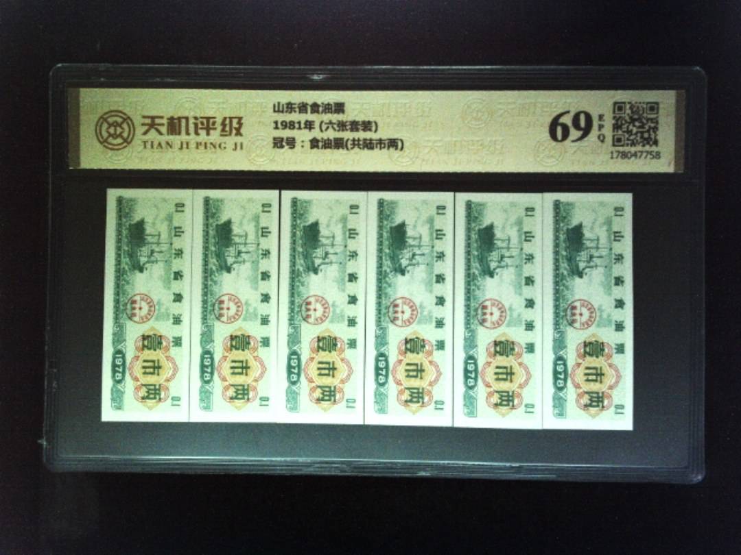 山东省食油票1981年 (六张套装)，冠号食油票(共陆市两)，纸币，钱币收藏