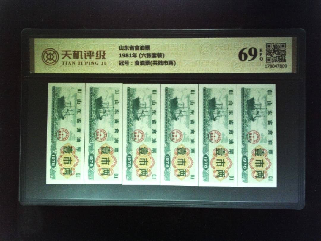 山东省食油票1981年 (六张套装)，冠号食油票(共陆市两)，纸币，钱币收藏