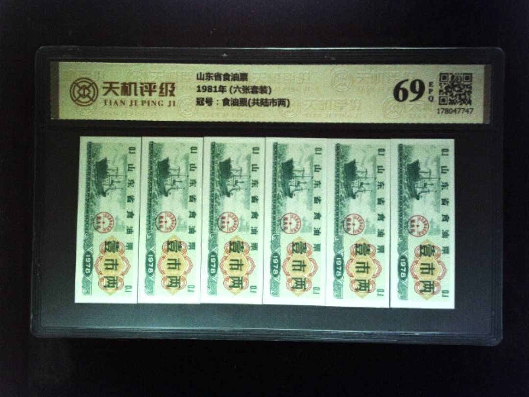 山东省食油票1981年 (六张套装)，冠号食油票(共陆市两)，纸币，钱币收藏