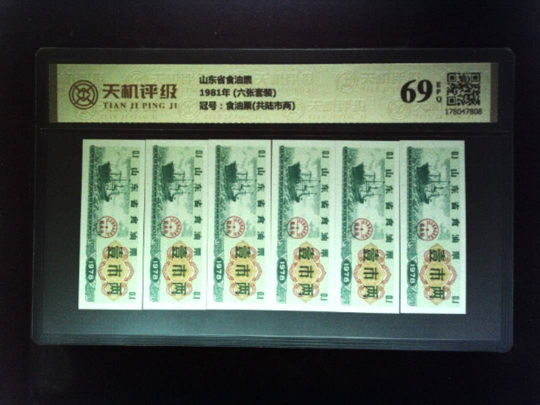 山东省食油票1981年 (六张套装)，冠号食油票(共陆市两)，纸币，钱币收藏