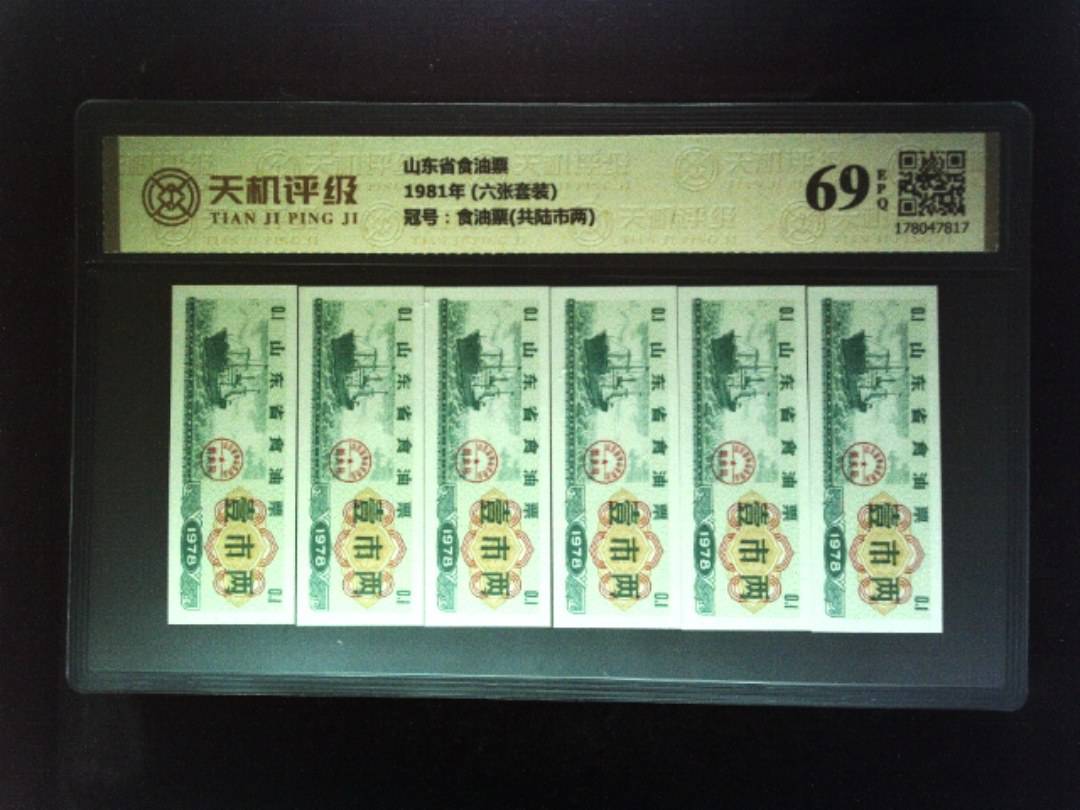 山东省食油票1981年 (六张套装)，冠号食油票(共陆市两)，纸币，钱币收藏
