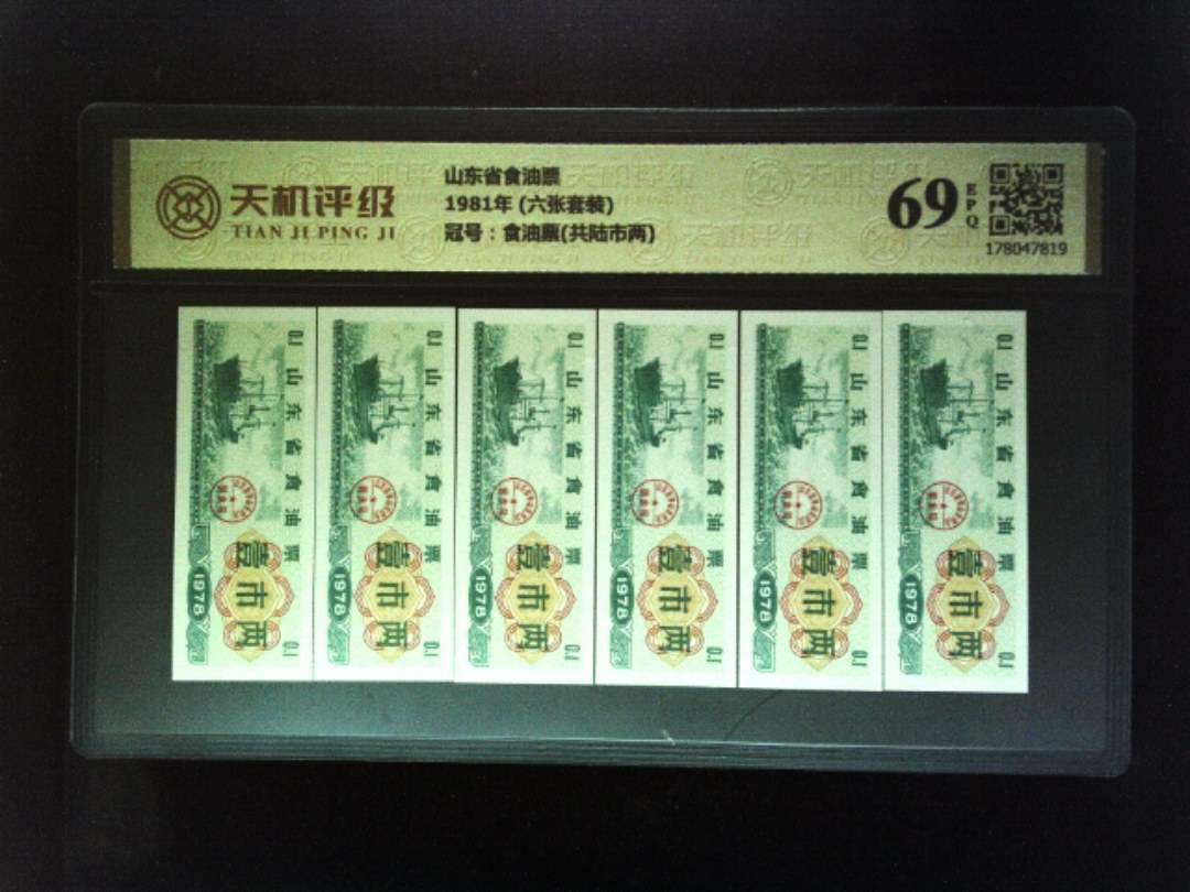 山东省食油票1981年 (六张套装)，冠号食油票(共陆市两)，纸币，钱币收藏