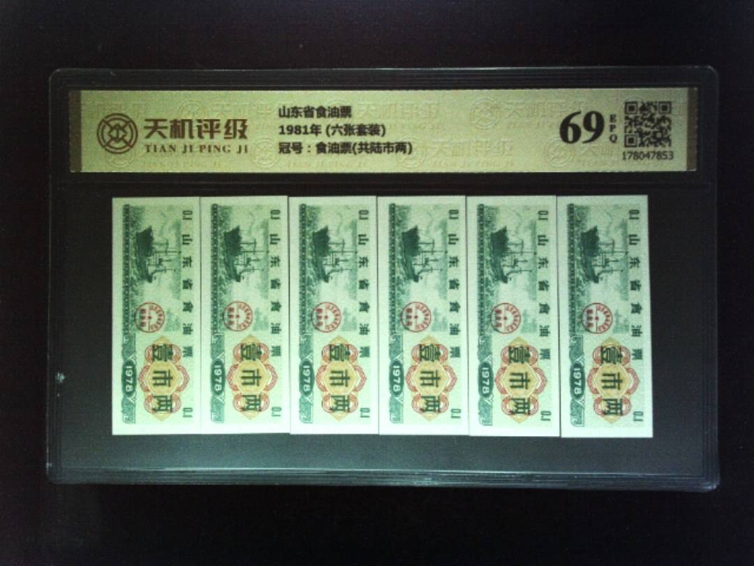 山东省食油票1981年 (六张套装)，冠号食油票(共陆市两)，纸币，钱币收藏