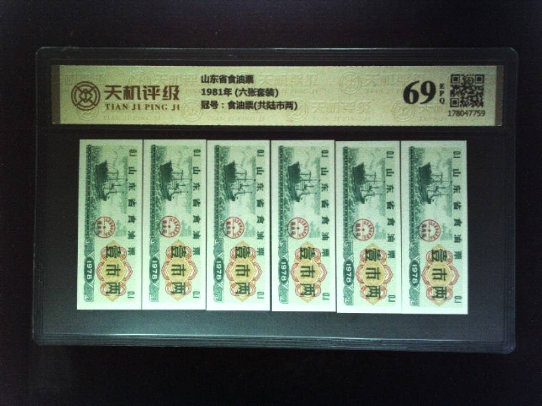 山东省食油票1981年 (六张套装)，冠号食油票(共陆市两)，纸币，钱币收藏