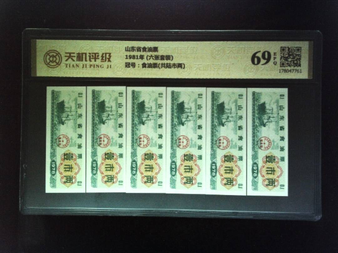 山东省食油票1981年 (六张套装)，冠号食油票(共陆市两)，纸币，钱币收藏