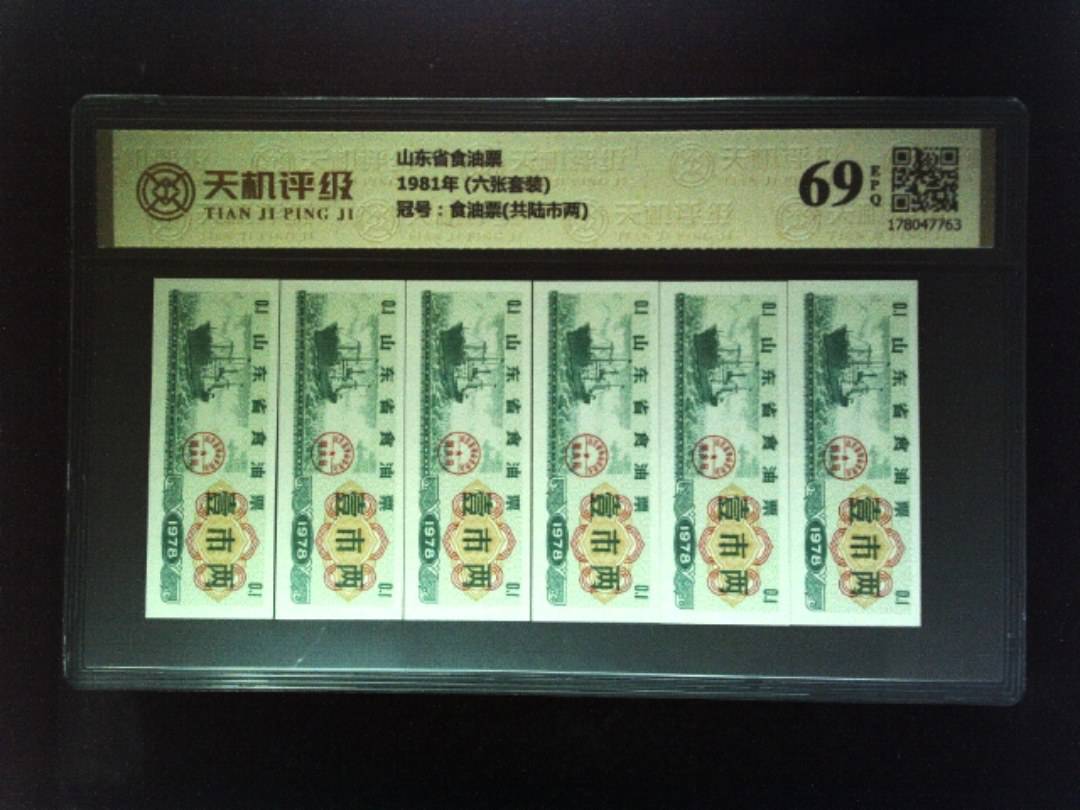 山东省食油票1981年 (六张套装)，冠号食油票(共陆市两)，纸币，钱币收藏