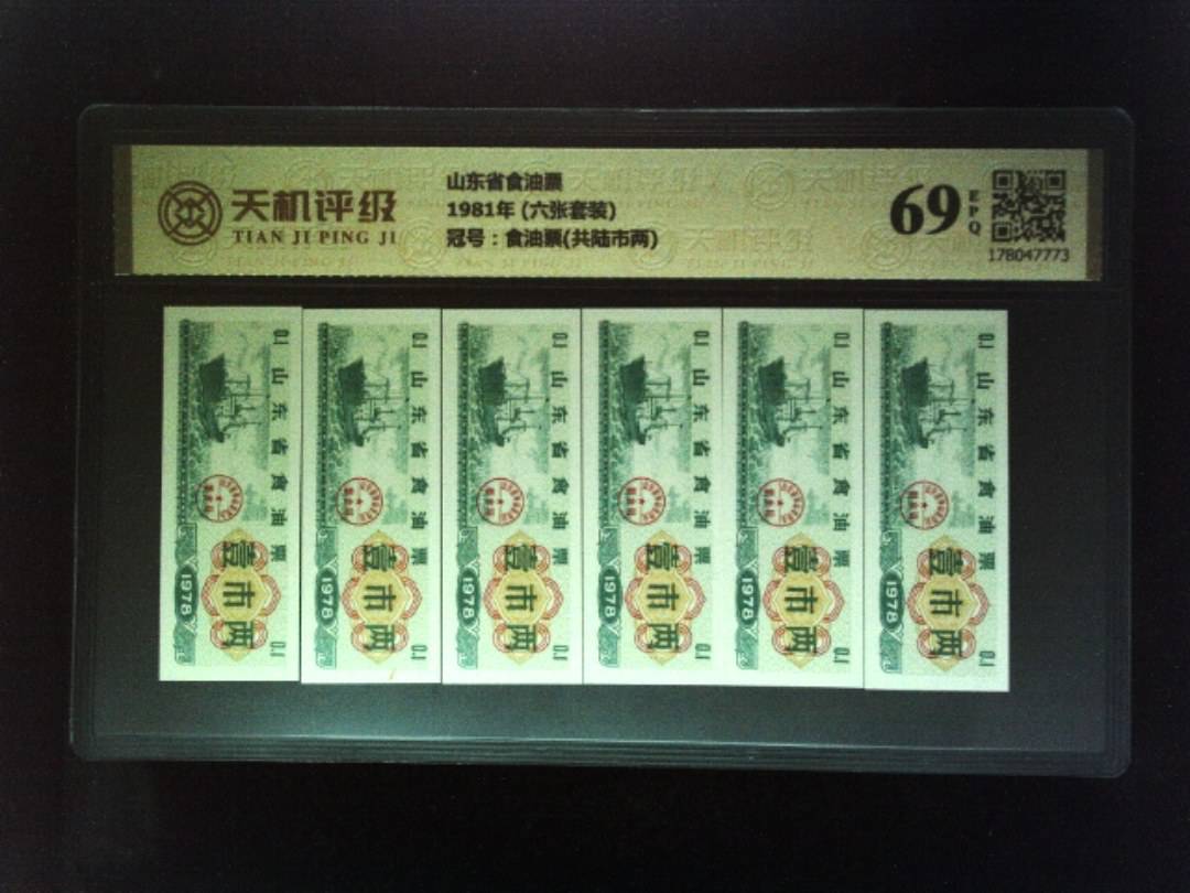 山东省食油票1981年 (六张套装)，冠号食油票(共陆市两)，纸币，钱币收藏