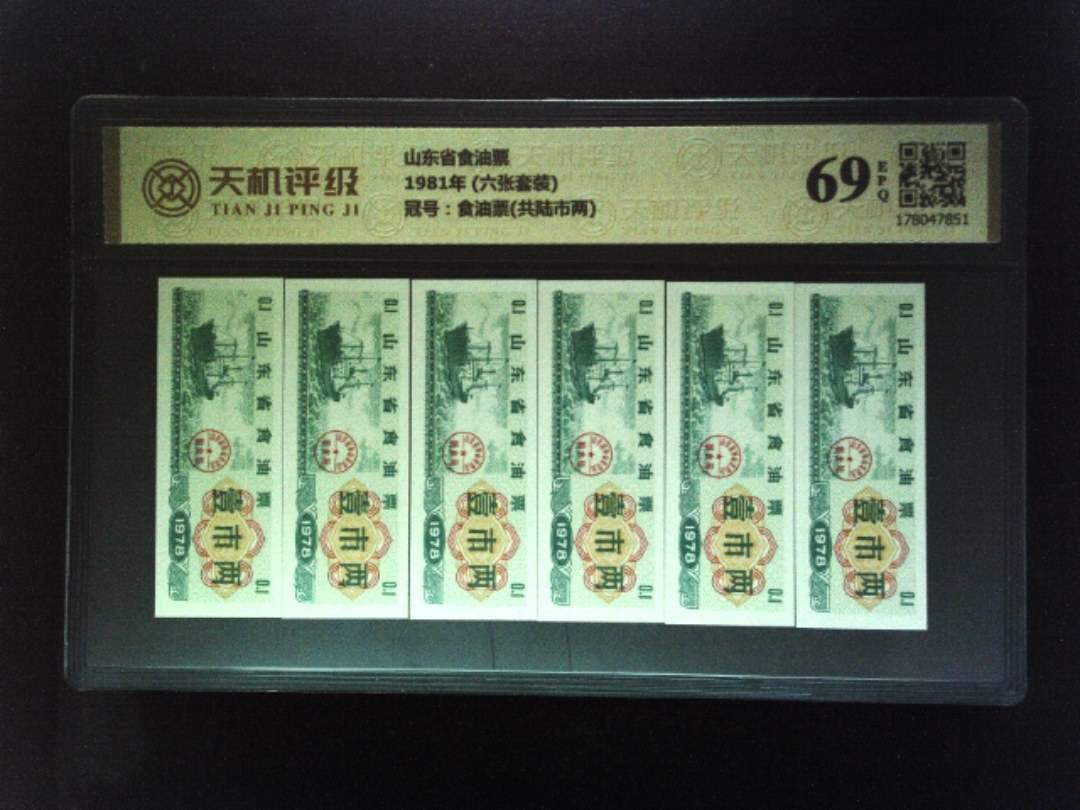 山东省食油票1981年 (六张套装)，冠号食油票(共陆市两)，纸币，钱币收藏