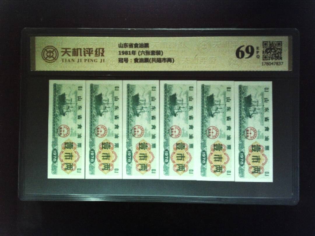 山东省食油票1981年 (六张套装)，冠号食油票(共陆市两)，纸币，钱币收藏