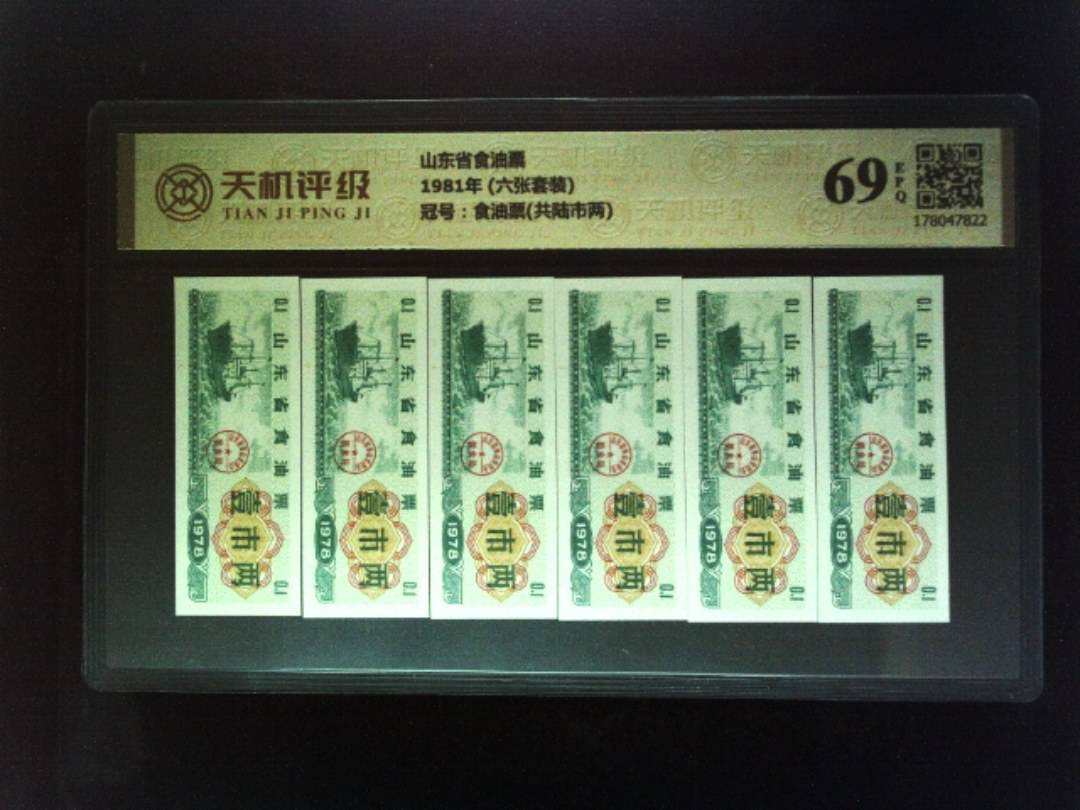 山东省食油票1981年 (六张套装)，冠号食油票(共陆市两)，纸币，钱币收藏