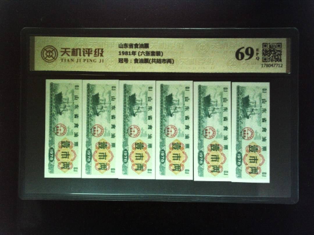山东省食油票1981年 (六张套装)，冠号食油票(共陆市两)，纸币，钱币收藏
