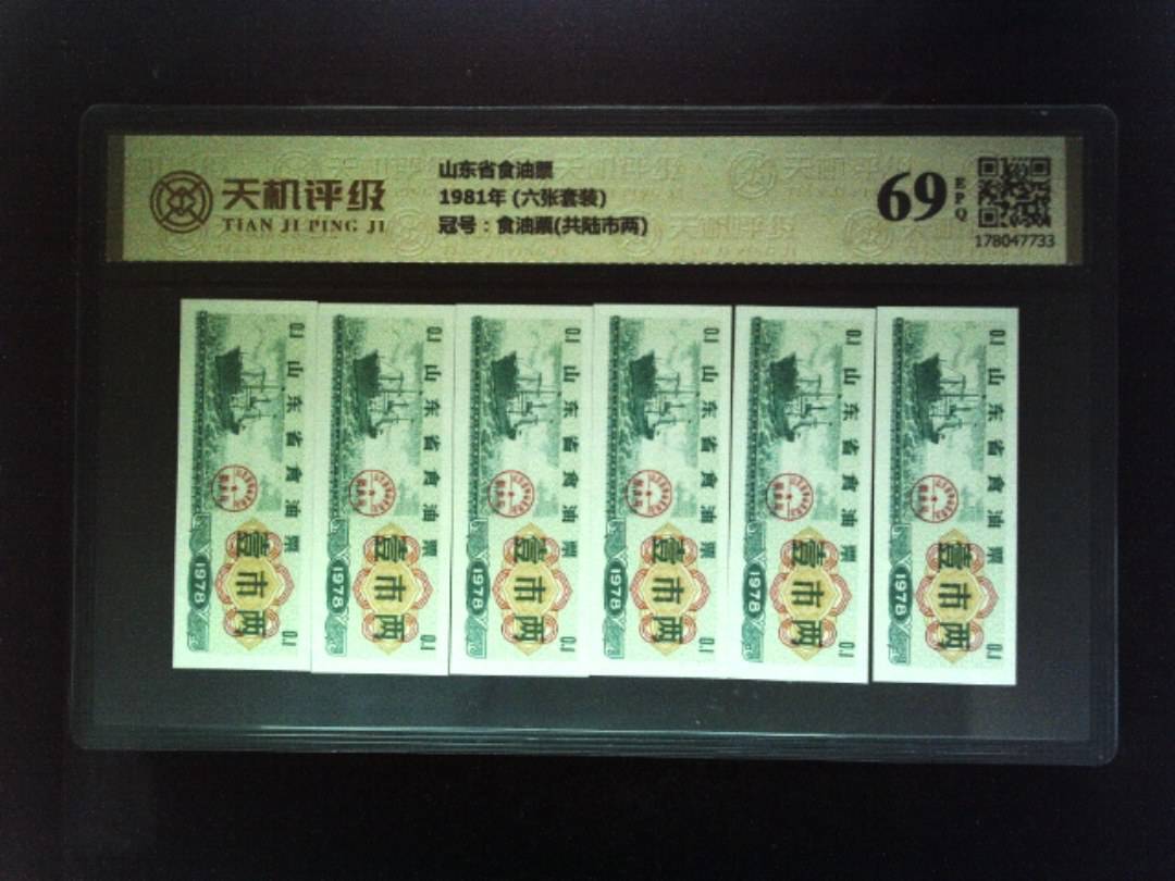 山东省食油票1981年 (六张套装)，冠号食油票(共陆市两)，纸币，钱币收藏