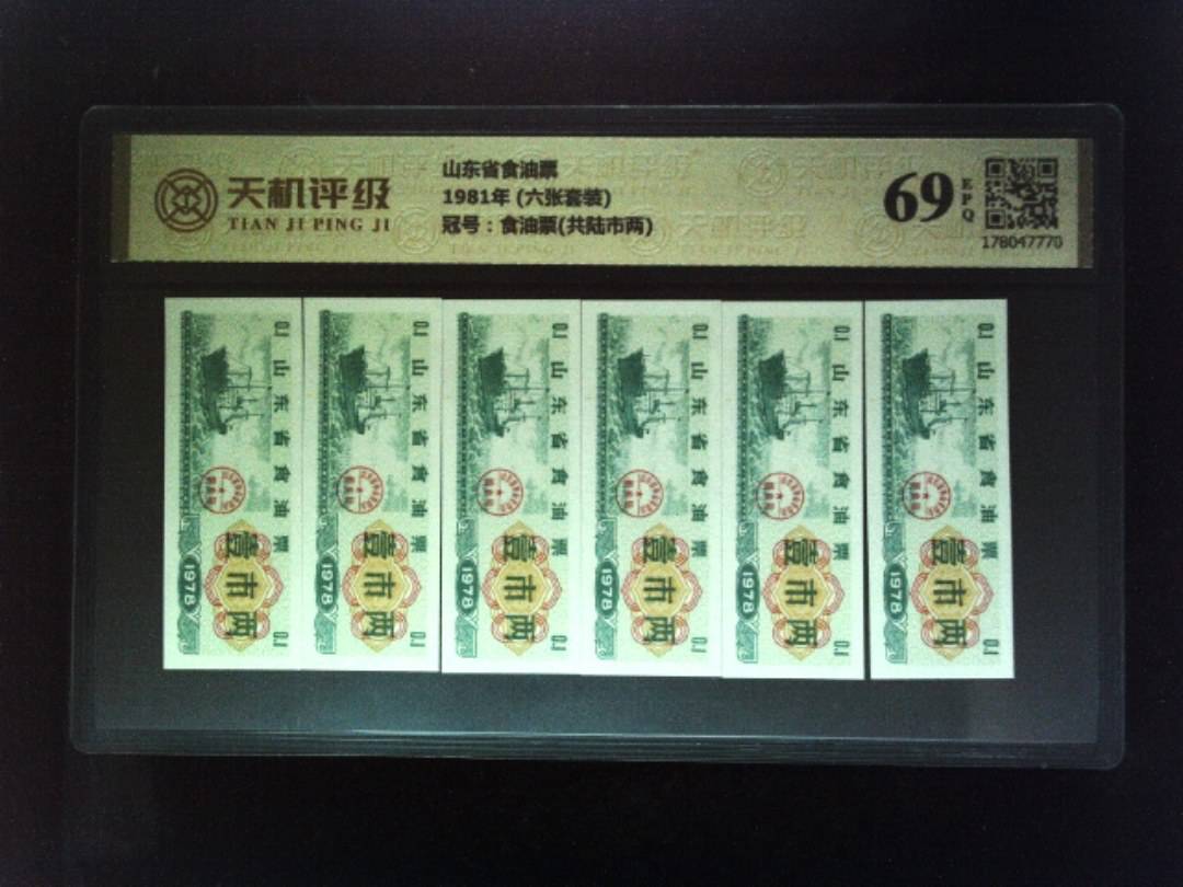 山东省食油票1981年 (六张套装)，冠号食油票(共陆市两)，纸币，钱币收藏