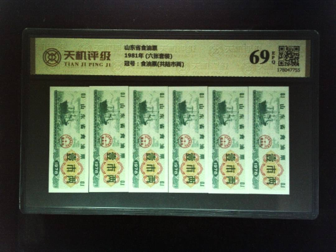 山东省食油票1981年 (六张套装)，冠号食油票(共陆市两)，纸币，钱币收藏