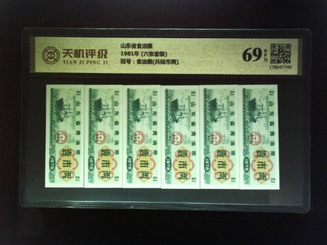 山东省食油票1981年 (六张套装)，冠号食油票(共陆市两)，纸币，钱币收藏