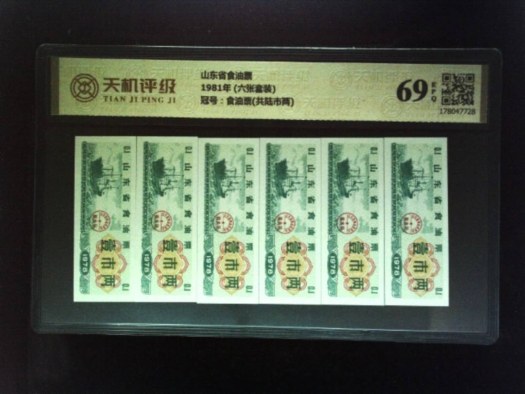 山东省食油票1981年 (六张套装)，冠号食油票(共陆市两)，纸币，钱币收藏