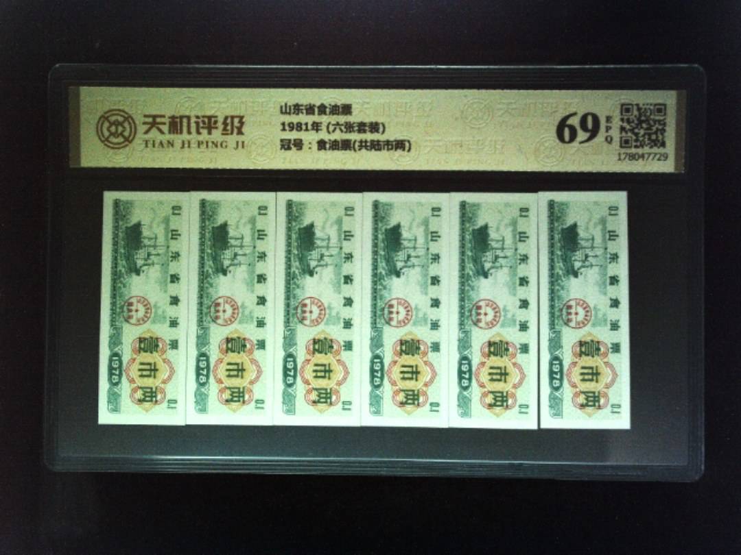 山东省食油票1981年 (六张套装)，冠号食油票(共陆市两)，纸币，钱币收藏
