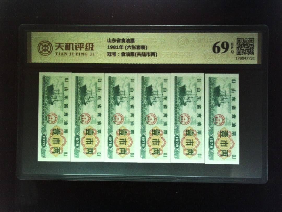 山东省食油票1981年 (六张套装)，冠号食油票(共陆市两)，纸币，钱币收藏