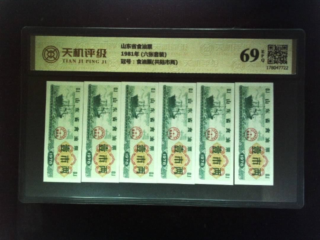 山东省食油票1981年 (六张套装)，冠号食油票(共陆市两)，纸币，钱币收藏
