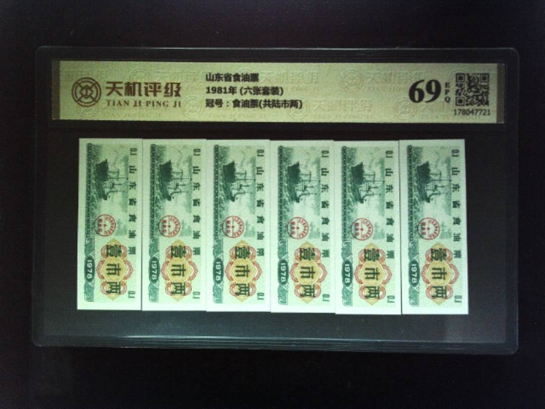 山东省食油票1981年 (六张套装)，冠号食油票(共陆市两)，纸币，钱币收藏