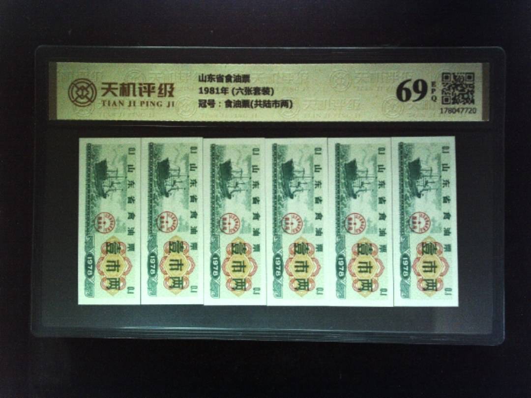 山东省食油票1981年 (六张套装)，冠号食油票(共陆市两)，纸币，钱币收藏