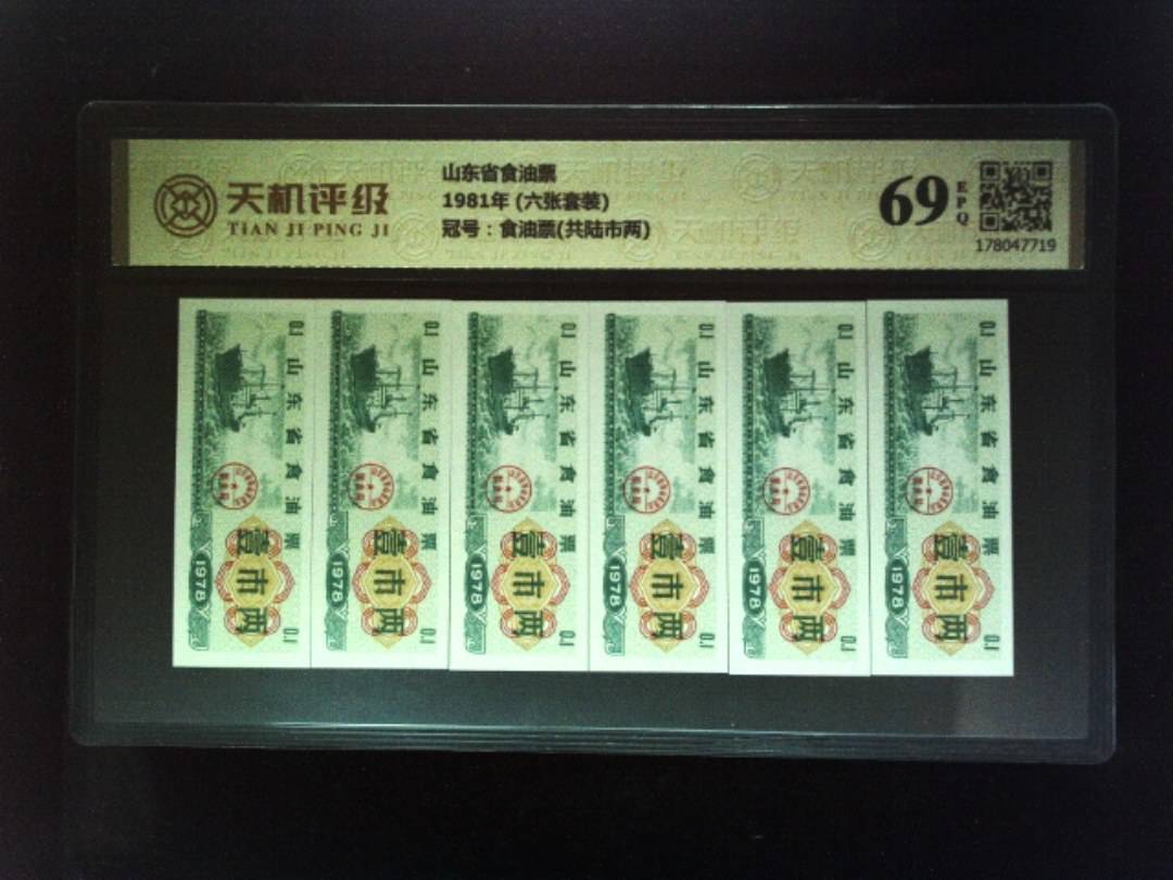山东省食油票1981年 (六张套装)，冠号食油票(共陆市两)，纸币，钱币收藏