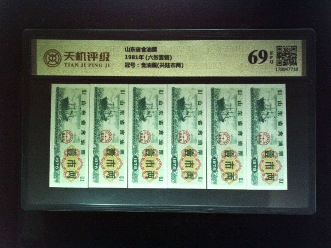 山东省食油票1981年 (六张套装)，冠号食油票(共陆市两)，纸币，钱币收藏