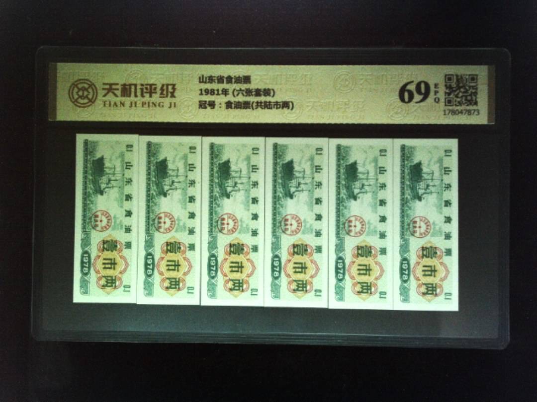 山东省食油票1981年 (六张套装)，冠号食油票(共陆市两)，纸币，钱币收藏