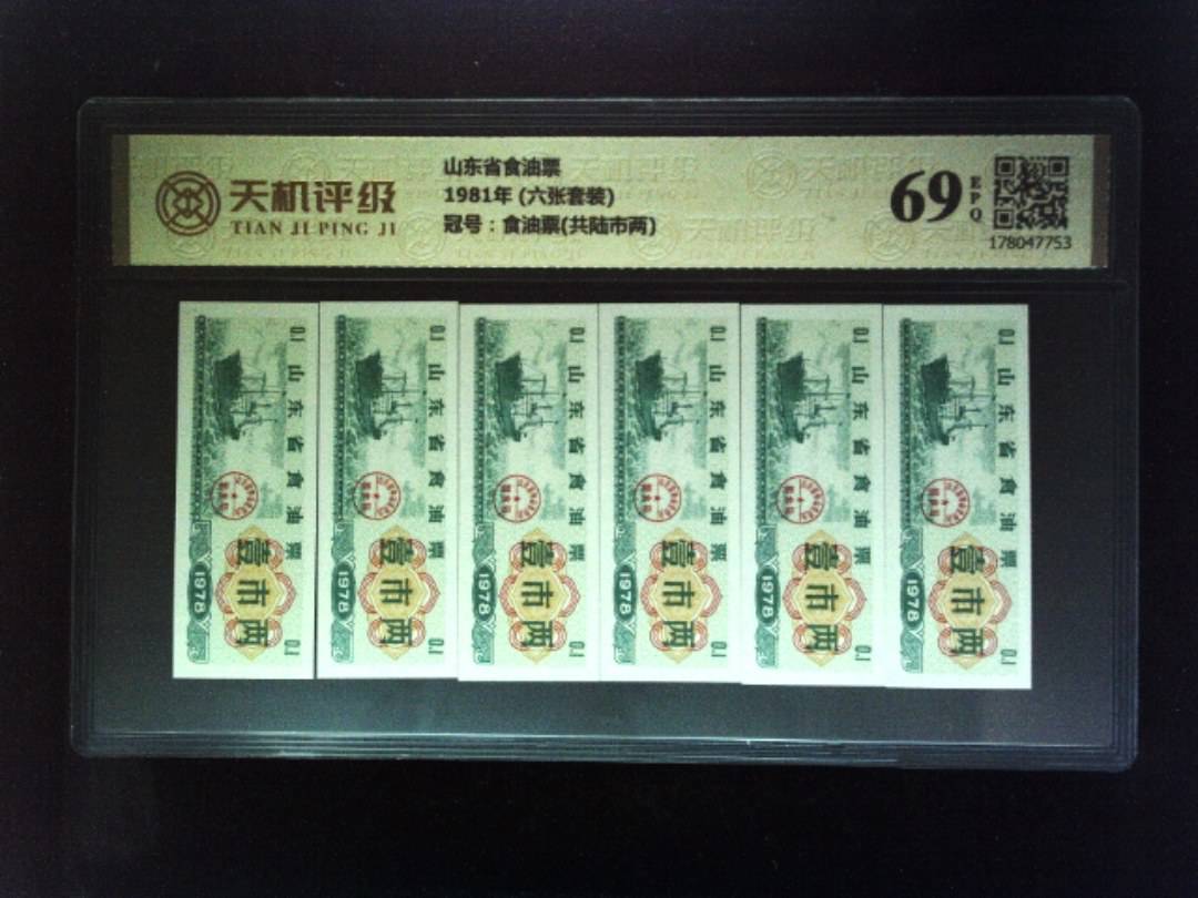 山东省食油票1981年 (六张套装)，冠号食油票(共陆市两)，纸币，钱币收藏