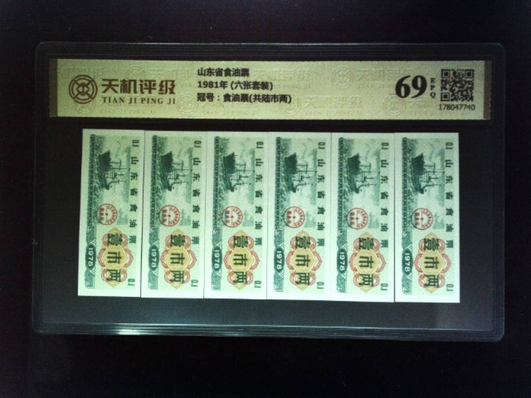 山东省食油票1981年 (六张套装)，冠号食油票(共陆市两)，纸币，钱币收藏