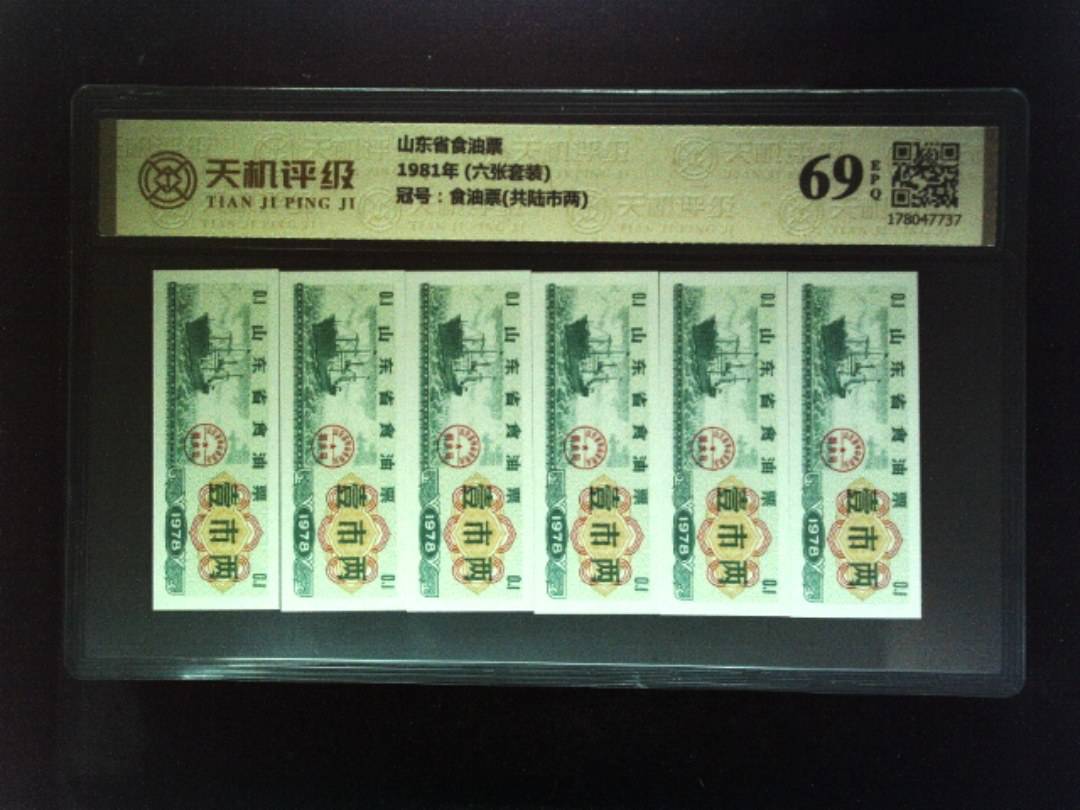 山东省食油票1981年 (六张套装)，冠号食油票(共陆市两)，纸币，钱币收藏
