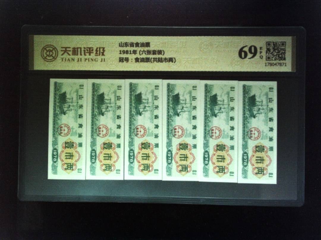 山东省食油票1981年 (六张套装)，冠号食油票(共陆市两)，纸币，钱币收藏