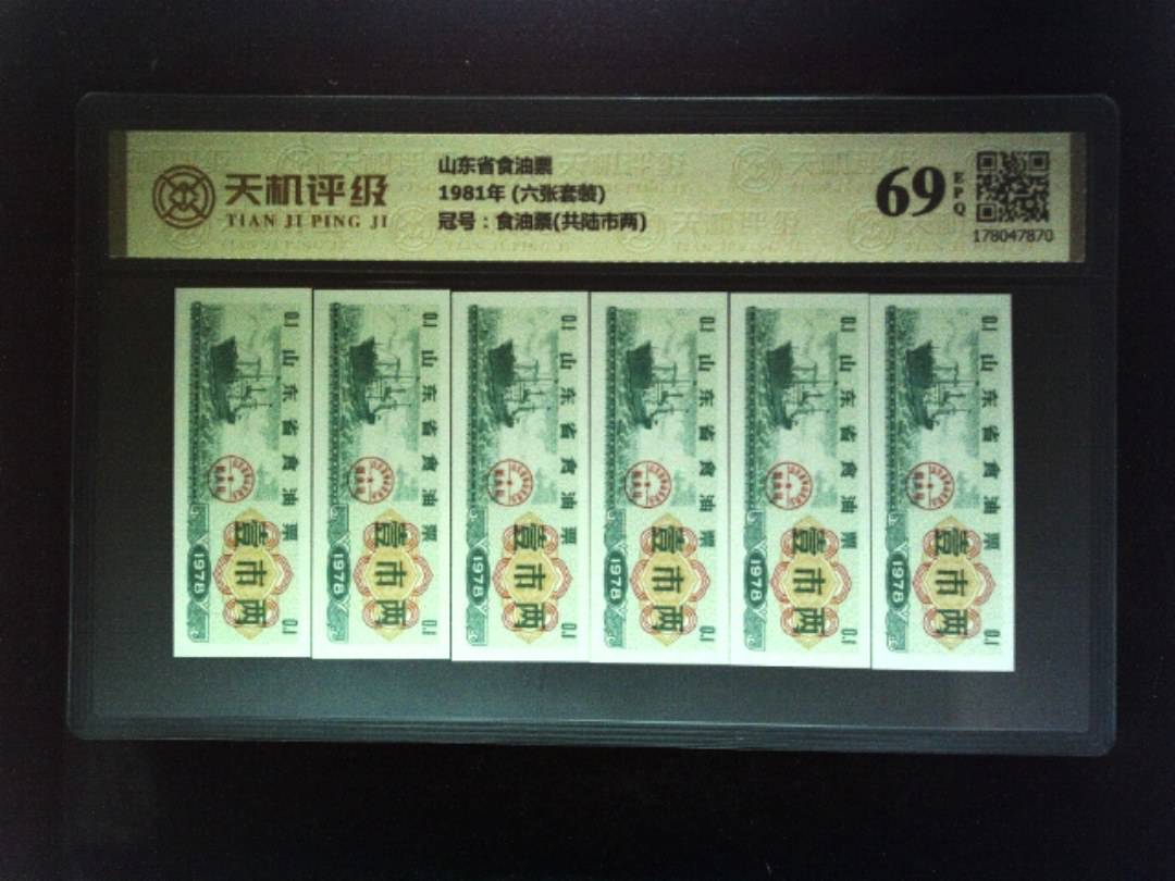 山东省食油票1981年 (六张套装)，冠号食油票(共陆市两)，纸币，钱币收藏