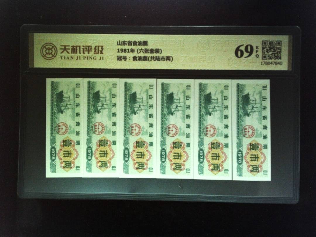 山东省食油票1981年 (六张套装)，冠号食油票(共陆市两)，纸币，钱币收藏